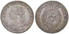 Vittorio Amedeo III (1773-1796) Quarto di scudo 1774 – Nomisma 347 AG (g 8,68) RR Segni di vecchia pulitura al D/
qBB/BB