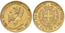 Vittorio Emanuele II (1849-1861) 20 Lire 1852 G con puntino al posto della F dell’incisore – Nomisma 745a; Gig. pag. 74 in nota AU RRR
qSPL