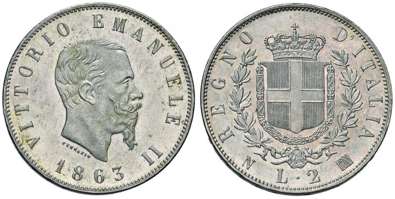 Vittorio Emanuele II (1849-1861) 2 Lire 1863 N stemma – Nomisma 905 AG Minimi co...