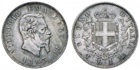 Vittorio Emanuele II (1861-1878) Lira 1863 T stemma – Nomisma 914 AG R Bella patina
qSPL/SPL