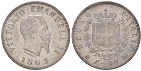 Vittorio Emanuele II (1861-1878) 50 Centesimi 1863 M stemma – Nomisma 923 AG R Sigillato qFDC/FDC da Cavaliere F.
FDC