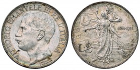 Vittorio Emanuele III (1900-1946) 2 Lire 1911 Cinquantenario – Nomisma 1162 AG Colpo al bordo
SPL