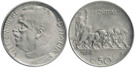 Vittorio Emanuele III (1900-1946) 50 Centesimi 1924 L – Nomisma 1239 NI RRR Ex Collezione Vitalini
qFDC