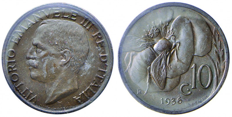 Vittorio Emanuele III (1900-1946) 10 Centesimi 1936 Ape – Nomisma 1328 CU Sigill...