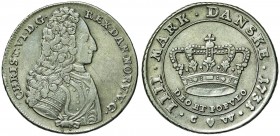 DANIMARCA Cristiano VI (1730-1746) Krone (4 Mark) 1731 – Dav. 1294 AG (g 22,00) Graffi al D/
BB/BB+