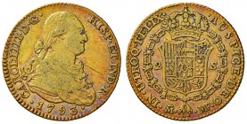 SPAGNA Carlo IV (1788-1808) 2 Escudos 1793 Madrid MF – Cal. 1279 AU (g 6,59) Graffi al D/
qBB