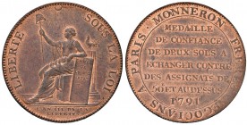 FRANCIA Medaglia 1791 MEDAILLE DE CONFIANCE DE DEUX SOLS A ECHANGER CONTRE DES ASSGNATS DE 50ET AU DESSUS – AE (g18,06 – 32 mm) Sul bordo in incuso: B...