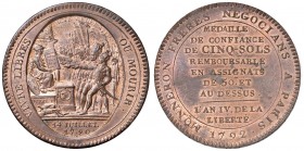 FRANCIA Medaglia 1792 MEDAILLE DE CONFIANCE DE CINQ-SOLS – Opus: Dupre – AE (g 27,39 – 40 mm) Sul bordo in incuso: DEPARTEMENS DE PARIS RHONE ET LOIRE...