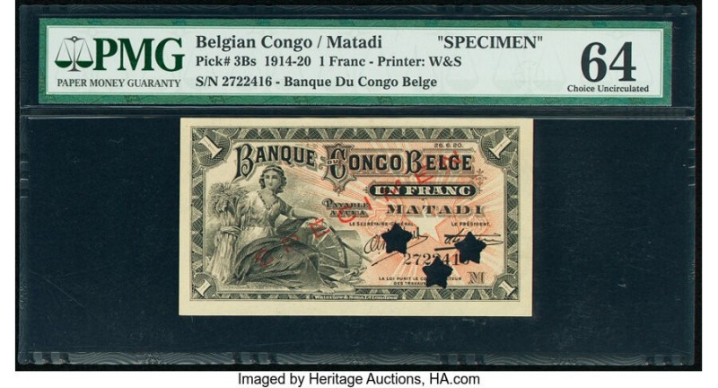 Belgian Congo Banque du Congo Belge 1 Franc 1914-20 Pick 3Bs Specimen PMG Choice...