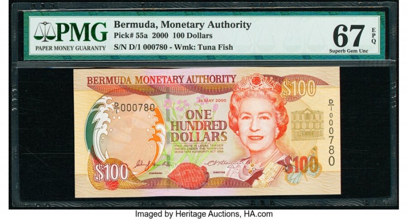 Bermuda Monetary Authority 100 Dollars 24.5.2000 Pick 55a PMG Superb Gem Unc 67 ...