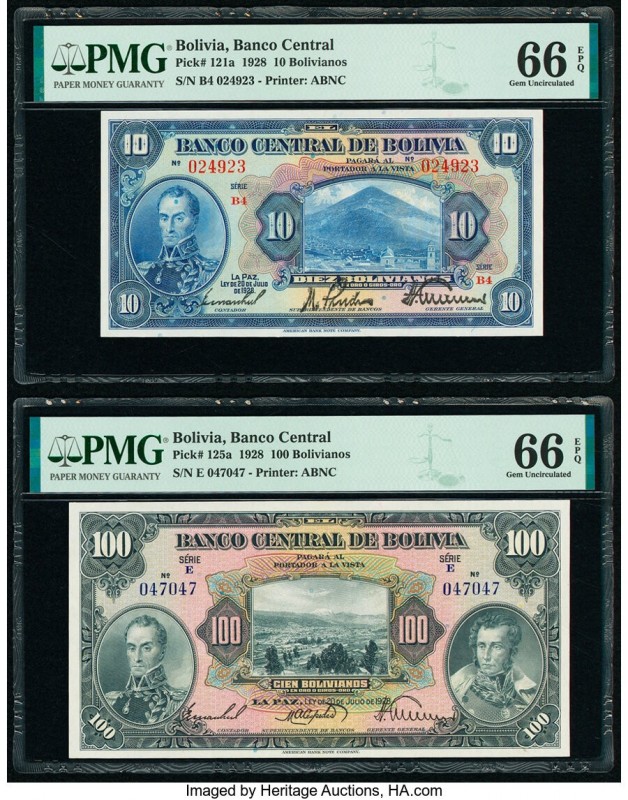 Bolivia Banco Central 10; 100 Bolivianos 1928 Pick 121a; 125a Two Examples PMG G...