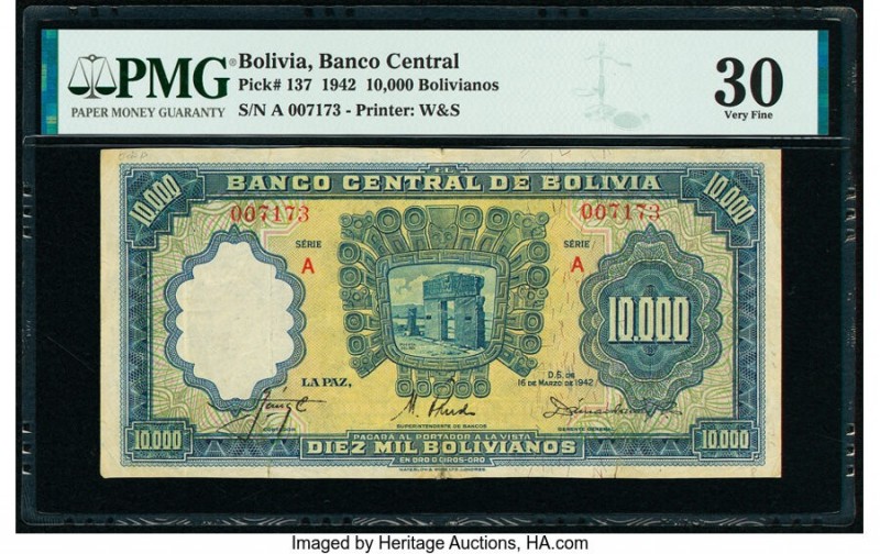 Bolivia Banco Central 10,000 Bolivianos 16.3.1942 Pick 137 PMG Very Fine 30. 

H...