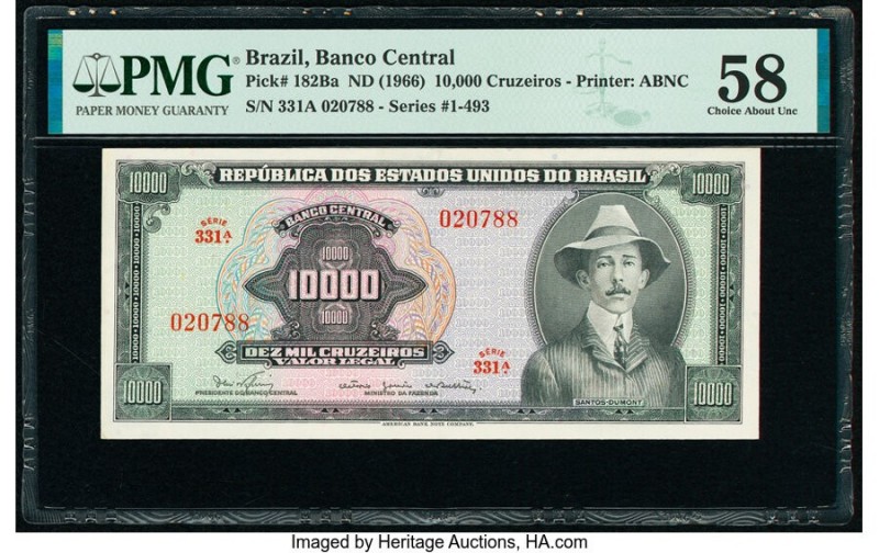 Brazil Banco Central Do Brasil 10,000 Cruzeiros ND (1966) Pick 182Ba PMG Choice ...