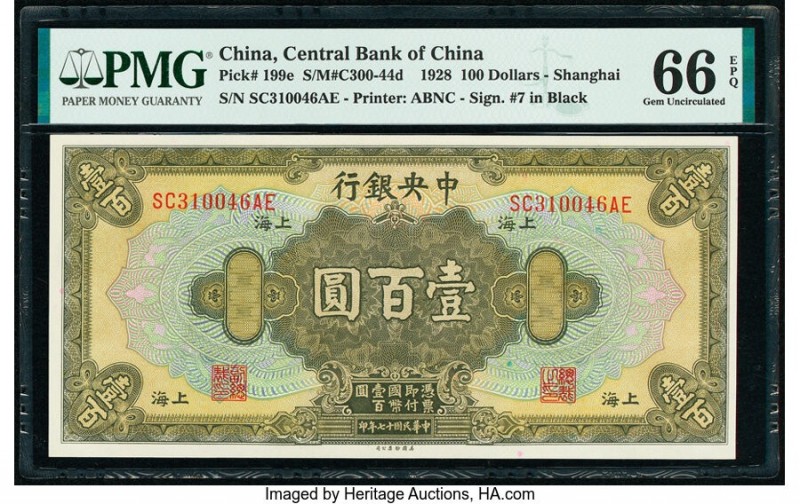 China Central Bank of China 100 Dollars 1928 Pick 199e PMG Gem Uncirculated 66 E...