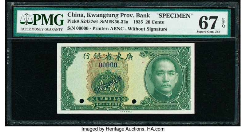 China Kwangtung Provincial Bank 20 Cents 1935 Pick S2437s6 S/M#K56-32a Specimen ...