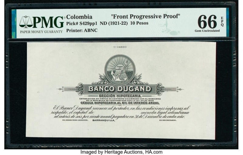 Colombia Banco Dugand 10 Pesos ND (1921-22) Pick S429pp1 Front Progressive Proof...