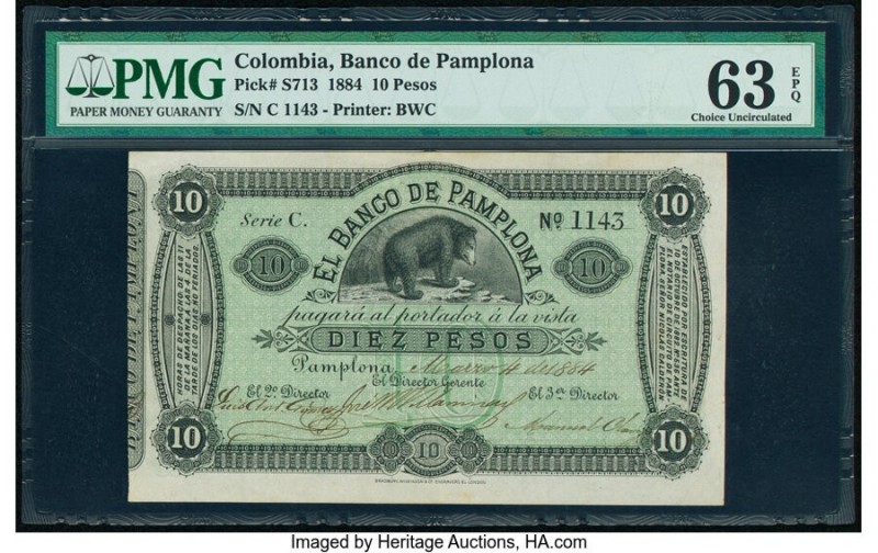 Colombia Banco de Pamplona 10 Pesos 1884 Pick S713 PMG Choice Uncirculated 63 EP...
