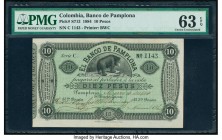 Colombia Banco de Pamplona 10 Pesos 1884 Pick S713 PMG Choice Uncirculated 63 EPQ. This note is Top Pop for all five issues from this popular issuer.
...