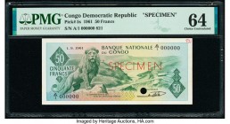 Congo Democratic Republic Banque Nationale du Congo 50 Francs 1.9.1961 Pick 5s Specimen PMG Choice Uncirculated 64. Red Specimen overprints and one PO...