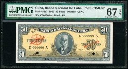 Cuba Banco Nacional de Cuba 50 Pesos 1960 Pick 81s3 Specimen PMG Superb Gem Unc 67 EPQ. Red Muestra overprints and two POCs.

HID09801242017

© 2020 H...