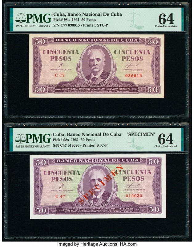 Cuba Banco Nacional de Cuba 50 Pesos 1961 Pick 98a; 98s Two Examples Issued; Spe...