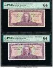 Cuba Banco Nacional de Cuba 50 Pesos 1961 Pick 98a; 98s Two Examples Issued; Specimen PMG Choice Uncirculated 64 (2). Red Specimen overprints on Pick ...
