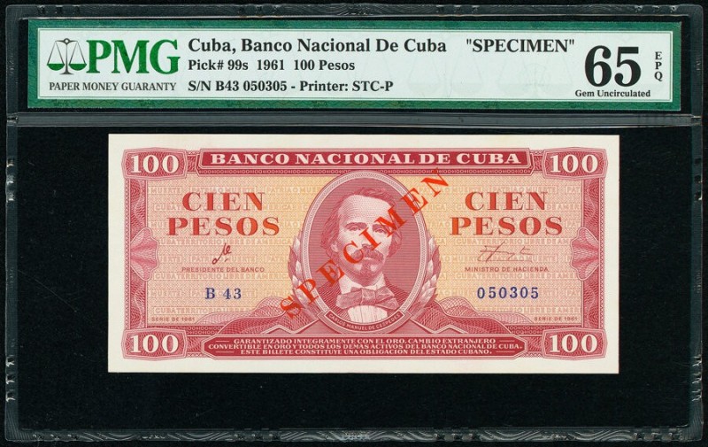 Cuba Banco Nacional de Cuba 100 Pesos 1961 Pick 99s Specimen PMG Gem Uncirculate...