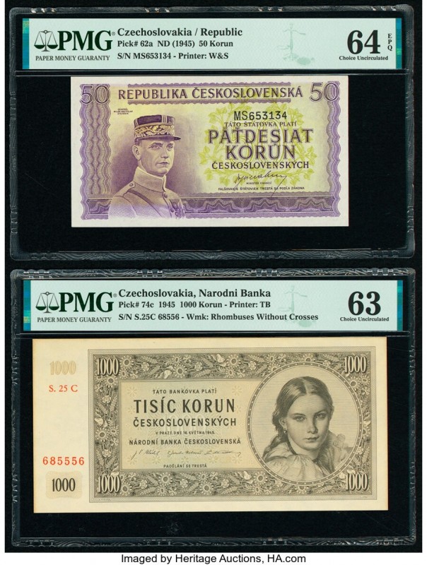 Czechoslovakia Republic of Czechoslovakia; Narodni Bank 50; 1000 Korun ND (1945)...
