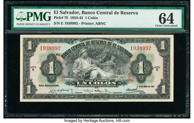 El Salvador Banco Central de Reserva de El Salvador 1 Colon 14.1.1943 Pick 75 PM...