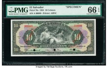 El Salvador Banco Central de Reserva de El Salvador 10 Colones 31.8.1934 Pick 78s Specimen PMG Gem Uncirculated 66 EPQ. Red Specimen overprints and th...