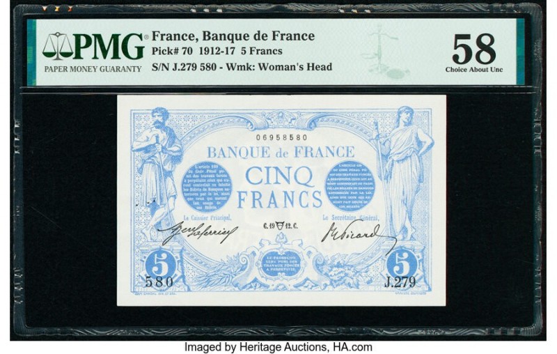 France Banque de France 5 Francs 1912 Pick 70 PMG Choice About Unc 58. Pinholes
...