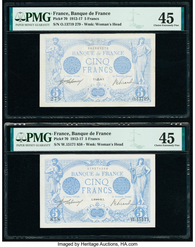 France Banque de France 5 Francs 1916 Pick 70 Two Examples PMG Choice Extremely ...
