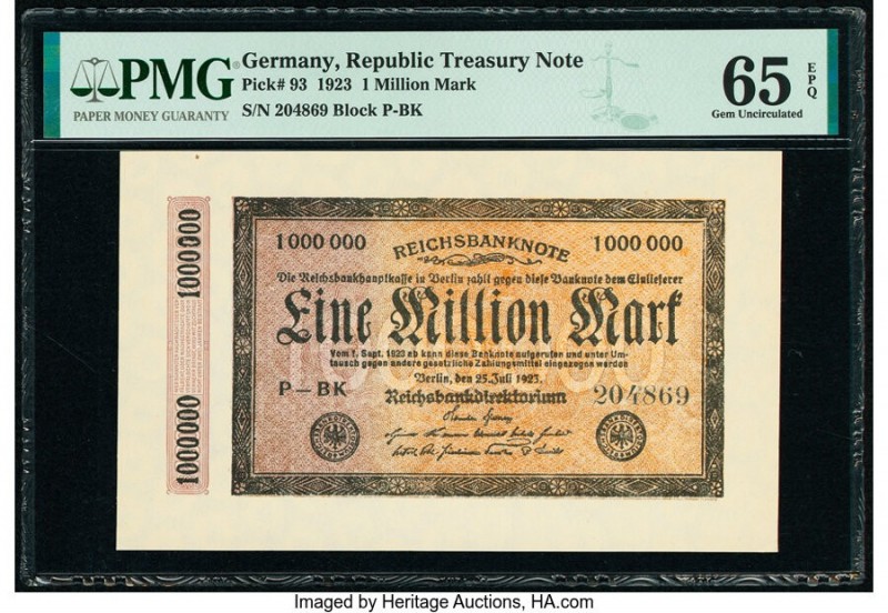 Germany Republic Treasury 1 Million Mark 25.7.1923 Pick 93 PMG Gem Uncirculated ...