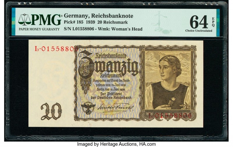 Germany German Gold Discount Bank 20 Reichsmark 15.6.1939 Pick 185 PMG Choice Un...