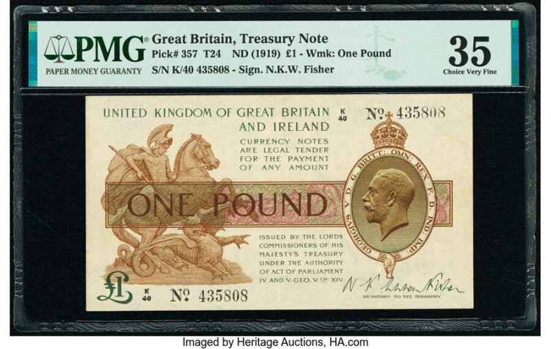 Great Britain Bank of England 1 Pound ND (1919) Pick 357 PMG Choice Very Fine 35...