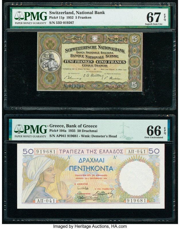 Greece Bank of Greece 50 Drachmai 1935 Pick 104a PMG Gem Uncirculated 66 EPQ; Sw...