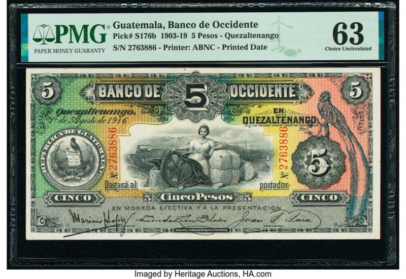 Guatemala Banco de Occidente en Quezaltenango 5 Pesos 1.8.1916 Pick S176b PMG Ch...