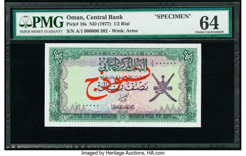 Oman Central Bank of Oman 1/2 Rial ND (1977) Pick 16s Specimen PMG Choice Uncirc...