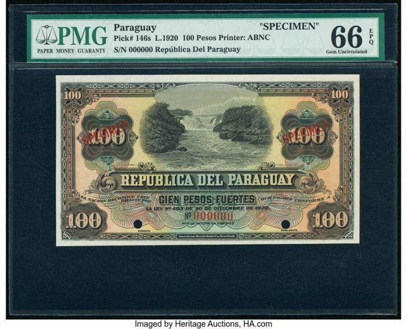 Paraguay Republica del Paraguay 100 Pesos 1920 Pick 146s Specimen PMG Gem Uncirc...