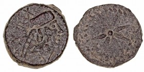 Monedas de la Hispania Antigua
Malaca, Málaga
Semis. AE. A/Cabeza de Vulcano a der., en el centro resello, detrás ley. R/Estrella de ocho rayos, tod...