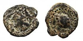 Monedas de la Hispania Antigua
Olontigi, Aznalcázar (Sevilla)
Semis. AE. A/Cabeza a izq. R/Piña. 6.63g. AB.1879. Muy escasa. BC-/BC.