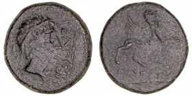 Monedas de la Hispania Antigua
Ursone, Osuna (Sevilla)
As. AE. (Hacia 50 a.C.). A/Cabeza masculina a der., delante leyenda VRSONE. R/Esfinge a der.,...
