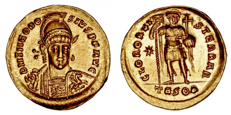Monedas Bizantinas
Teodosio II
Sólido. AV. Tesalónica. (402-450). R/GLORORVIS ...