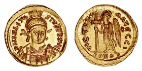 Monedas Bizantinas
Anastasio I
Sólido. AV. Constantinopla. (491-518). R/VICTORIA AVGGGI. Victoria estante a la izq. portando cruz y detrás *, en exe...
