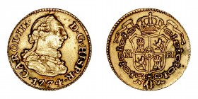 Monarquía Española
Carlos III
1/2 Escudo. AV. Madrid PJ. 1774. 1.79g. Cal.1260. MBC.