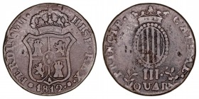 Monarquía Española
Fernando VII
3 Cuartos. AE. Cataluña. 1812. (Mallorca). 9.66g. Cal.11. MBC-/BC+.