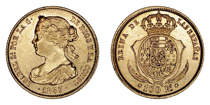 Monarquía Española
Isabel II
100 Reales. AV. Madrid. 1857. 8.39g. Cal.784. Lig...