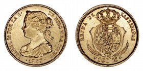 Monarquía Española
Isabel II
100 Reales. AV. Madrid. 1857. 8.39g. Cal.784. Ligeras rayitas. Muy escasa. (EBC-).