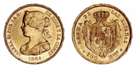 Monarquía Española
Isabel II
100 Reales. AV. Madrid. 1864. 8.37g. Cal.792. EBC+.