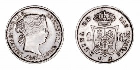 Monarquía Española
Isabel II
Real. AR. Sevilla. 1862. Dos últimos dígitos de la fecha acuñados sobre otros. 1.32g. Cal.. MBC+/MBC.